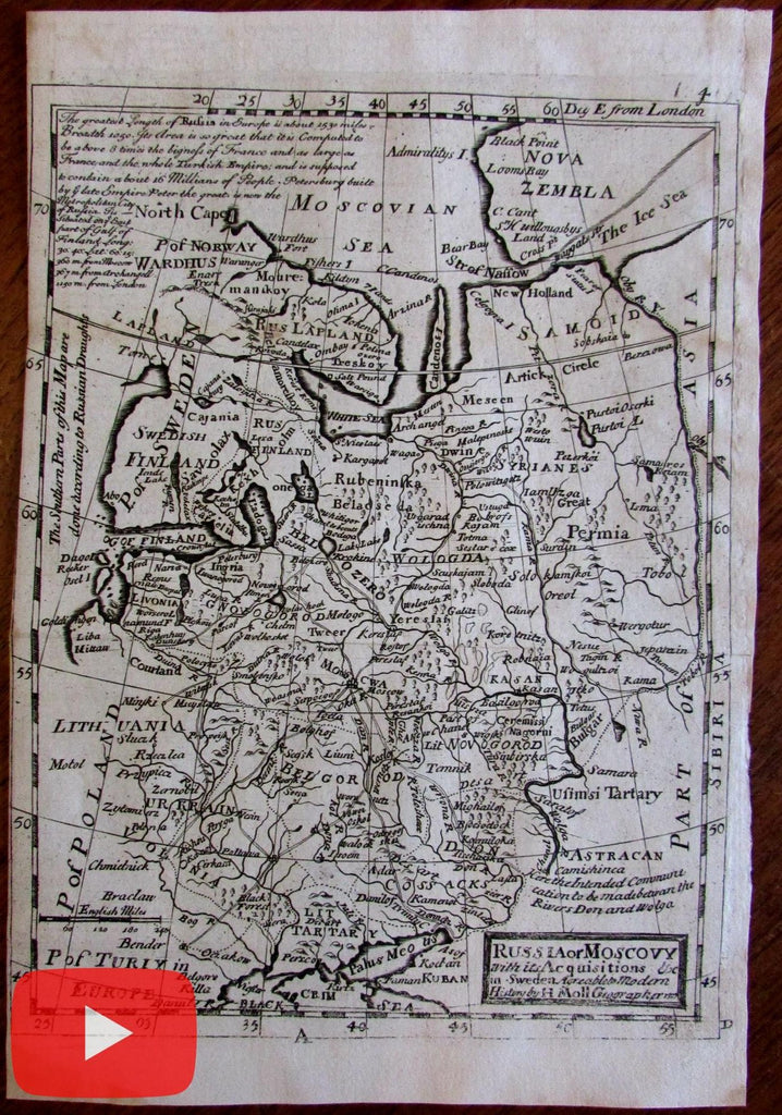 Russia Moscovy Finland c. 1725 Moll antique map Ukraine Lapland Crimea