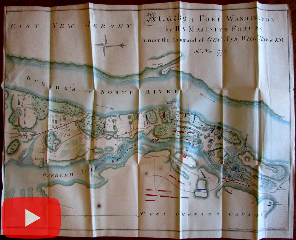 New York Fort Washington battle map Genrl. Howe 1861 Revolution hand color