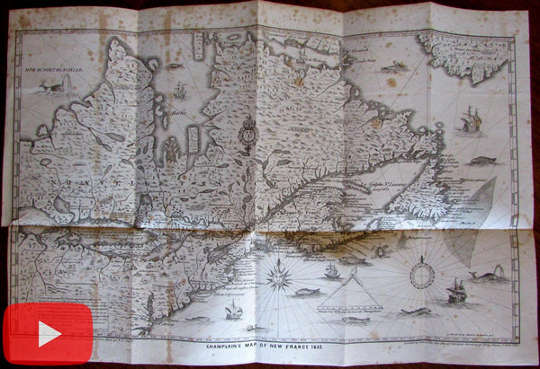 Champlain New France 1632 Pease lithographic re-issue 1850 map Canada