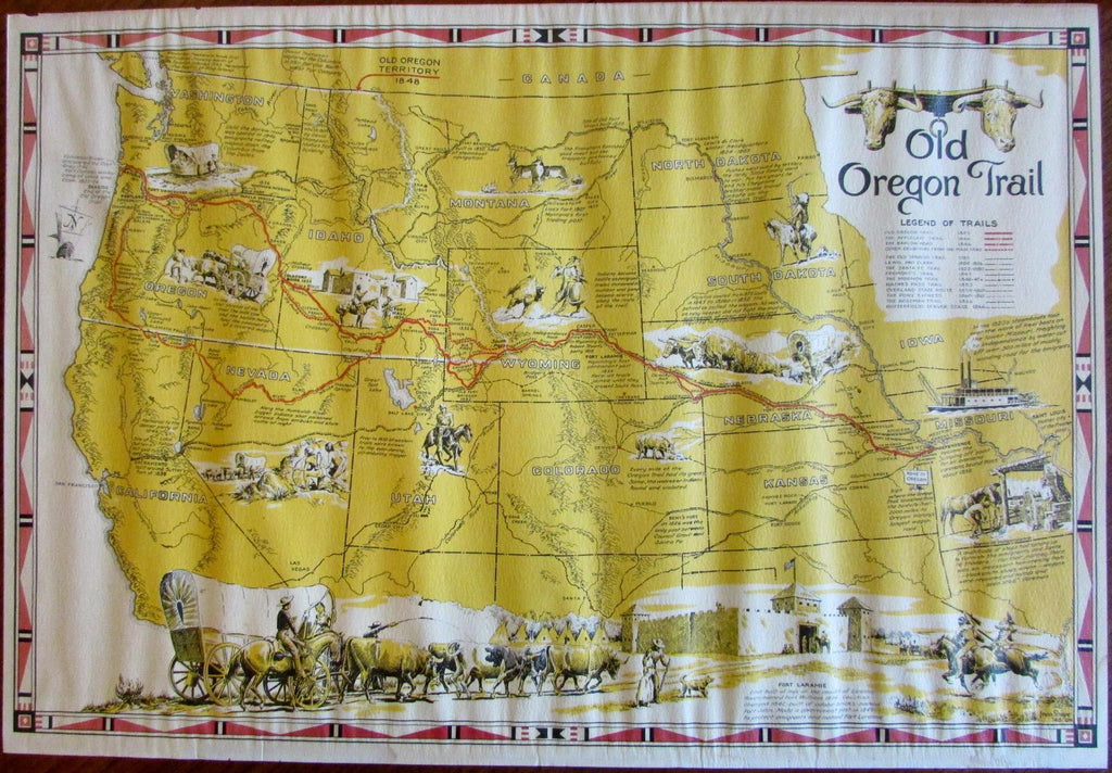 old-oregon-trail-map-1948-cartoon-pictorial-shope-indians-wagons-gold-brian-dimambro