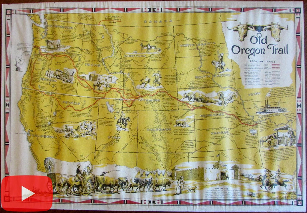 Old Oregon Trail map 1948 cartoon pictorial Shope Indians Wagons Gold