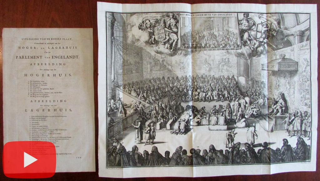 British Parliament large 1741 engraved view print Covens & Mortier Hooge w/ key sheet